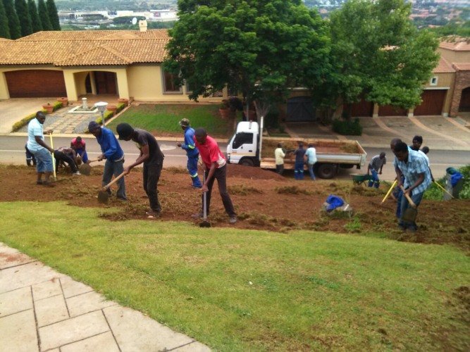 Large Hydro Gardens crew laying lawn at a Gauteng estate